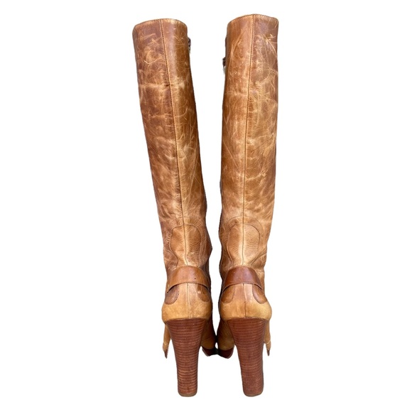 Jessica Simpson Distressed Leather Tall Boots Size 10 Stacked Heel Butterscotch - Picture 4 of 14